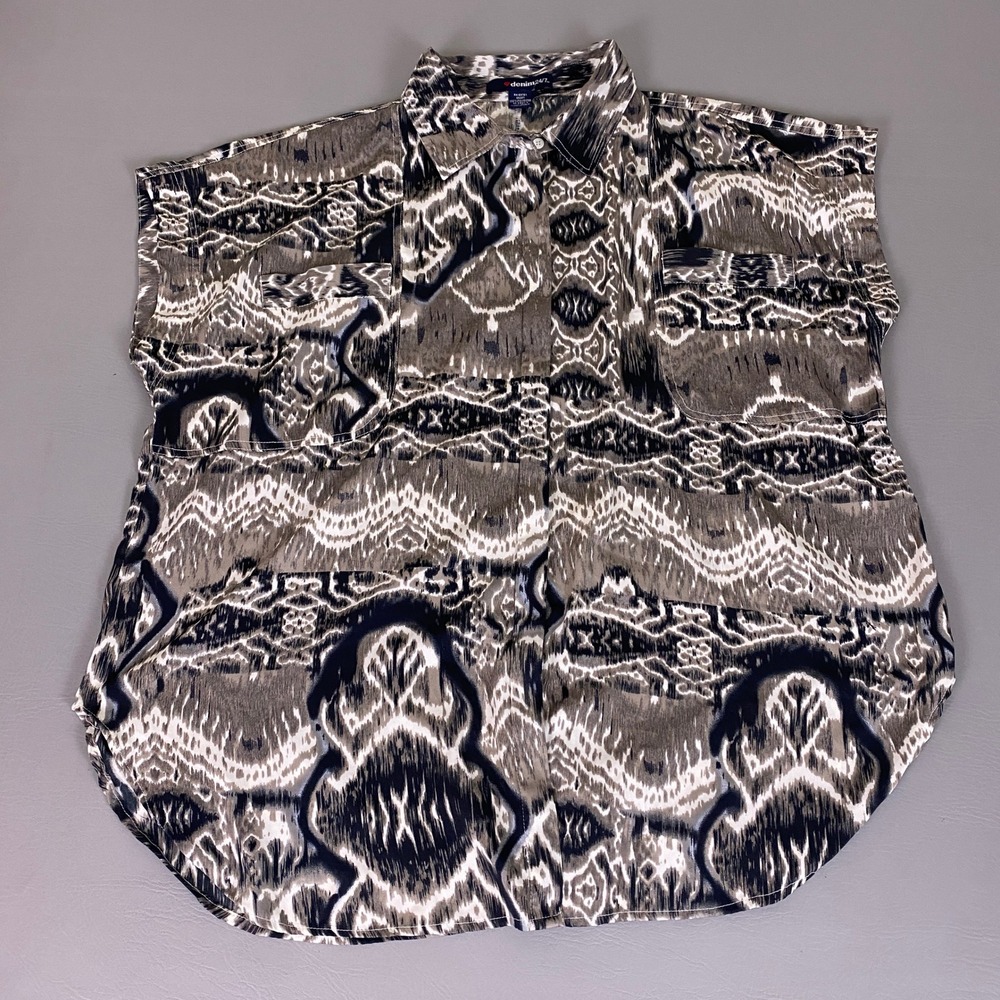 Denim 24/7 Button Up Shirt Blouse Women's 18W Gray Black Ikat Print Sleeveless